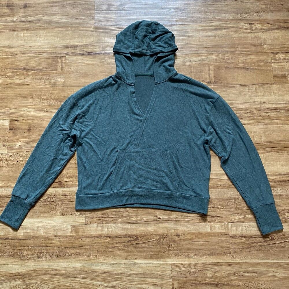 ZYIA Active L Pine Green Slouchy Short Boyfriend Knit Hoodie Comfy Sweatshirt